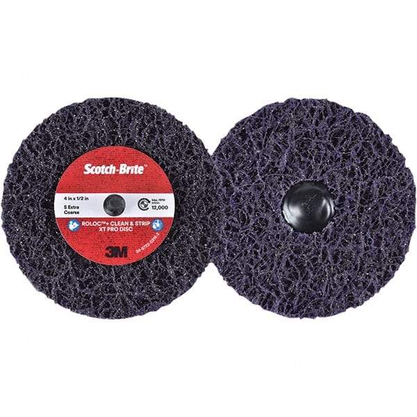 3M - 4" Extra Coarse Grade Silicon Carbide Deburring Disc - 1/2" Center Hole, Quick Change Connection, Purple, 12,000 Max RPM - Americas Industrial Supply