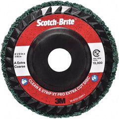 3M - 4-1/2" Extra Coarse Grade Aluminum Oxide Deburring Disc - 7/8" Center Hole, Quick Change Connection, Green, 13,300 Max RPM - Americas Industrial Supply