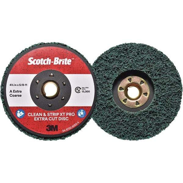 3M - 4-1/2" Extra Coarse Grade Aluminum Oxide Deburring Disc - 5/8-11 Threaded Center Hole, Quick Change Connection, Green, 13,300 Max RPM - Americas Industrial Supply