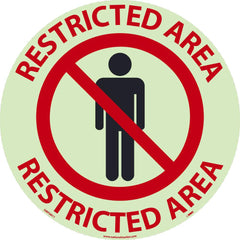 NMC - Adhesive Backed Floor Signs; Message Type: Security & Admittance ; Graphic Type: Person in Circle w/ Slash Through It ; Message or Graphic: Message & Graphic ; Legend: Restricted Area ; Color: Black; Red ; Special Color Properties: Glow-In-The-Dark - Exact Industrial Supply