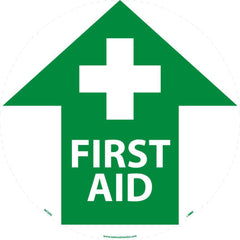 NMC - Adhesive Backed Floor Signs; Message Type: First Aid ; Graphic Type: Cross in Up Arrow ; Message or Graphic: Message & Graphic ; Legend: First Aid ; Color: Green; White ; Special Color Properties: No Special Properties - Exact Industrial Supply