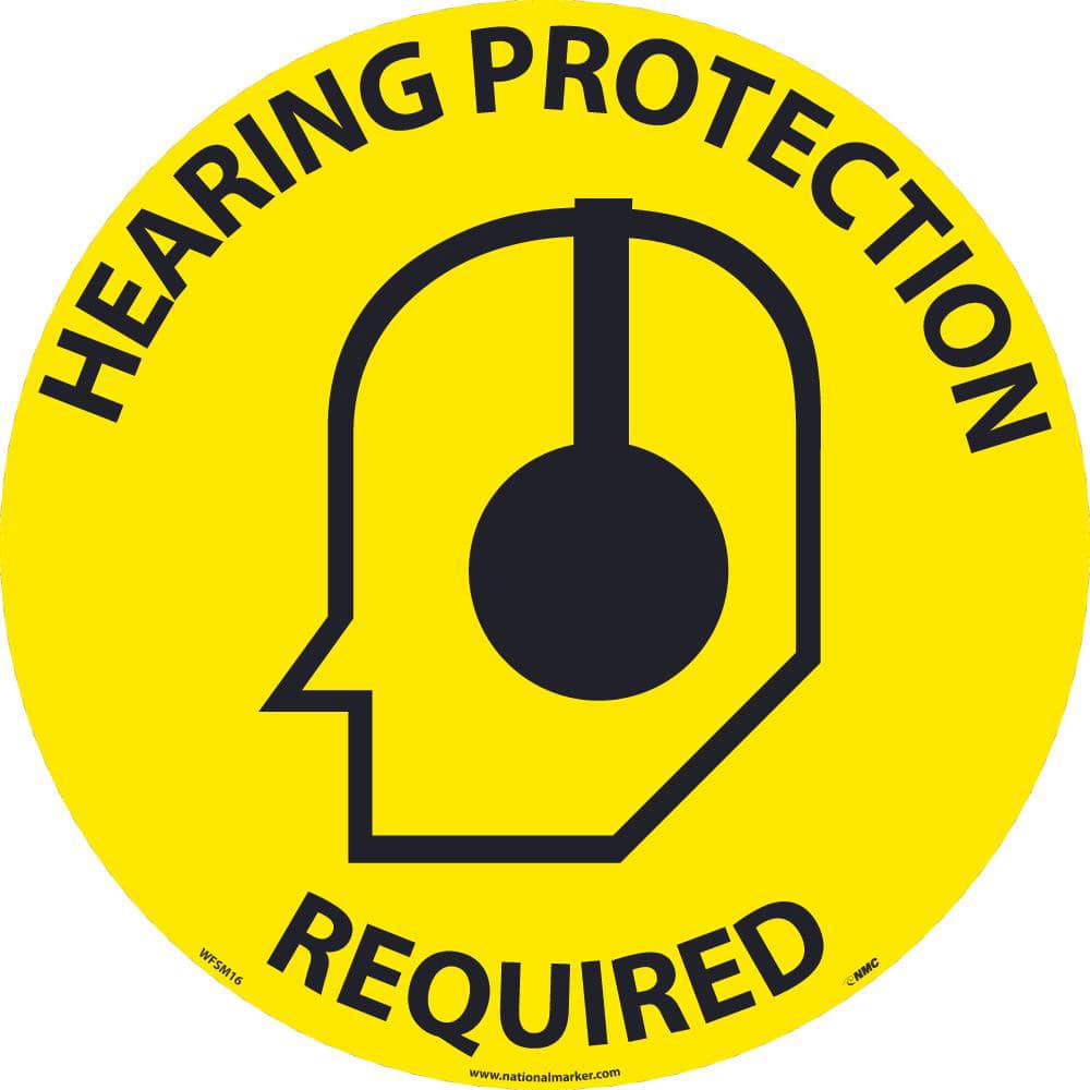 NMC - Adhesive Backed Floor Signs; Message Type: Restroom, Janitorial & Housekeeping ; Graphic Type: Head w/ Earmuffs ; Message or Graphic: Message & Graphic ; Legend: Hearing Protection Required ; Color: Black; Yellow ; Special Color Properties: No Spec - Exact Industrial Supply