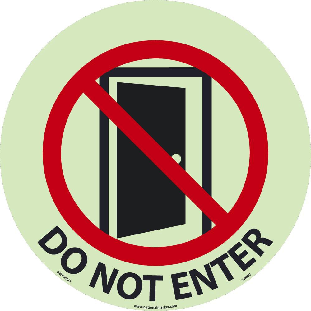 NMC - Adhesive Backed Floor Signs; Message Type: Security & Admittance ; Graphic Type: Open Door in Circle with Slash ; Message or Graphic: Message & Graphic ; Legend: Do Not Enter ; Color: Red; Black; White ; Special Color Properties: Glow-In-The-Dark - Exact Industrial Supply