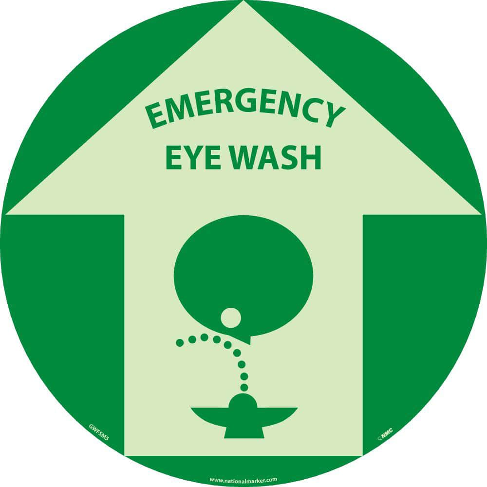 NMC - Adhesive Backed Floor Signs; Message Type: Restroom, Janitorial & Housekeeping ; Graphic Type: Head over Eye Wash ; Message or Graphic: Message & Graphic ; Legend: Emergency Eyewash ; Color: Green; Beige ; Special Color Properties: Glow-In-The-Dark - Exact Industrial Supply