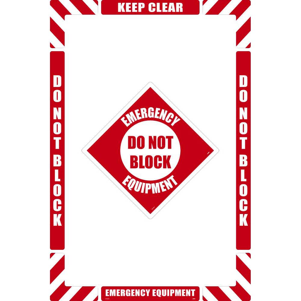 NMC - Adhesive Backed Floor Signs; Message Type: Accident Prevention ; Graphic Type: None ; Message or Graphic: Message Only ; Legend: Emergency Equipment Do Not Block ; Color: Red; White ; Special Color Properties: No Special Properties - Exact Industrial Supply