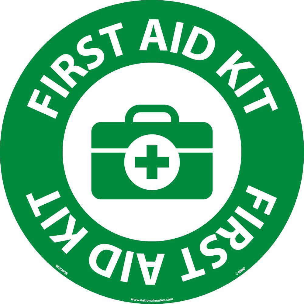 NMC - Adhesive Backed Floor Signs; Message Type: First Aid ; Graphic Type: First Aid Kit ; Message or Graphic: Message & Graphic ; Legend: First Aid Kit ; Color: Green; White ; Special Color Properties: No Special Properties - Exact Industrial Supply