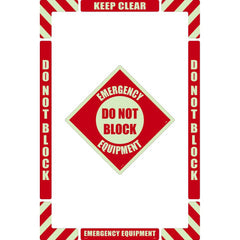 NMC - Adhesive Backed Floor Signs; Message Type: Accident Prevention ; Graphic Type: None ; Message or Graphic: Message Only ; Legend: Emergency Equipment Do Not Block ; Color: Red on Glow ; Special Color Properties: Glow-In-The-Dark - Exact Industrial Supply