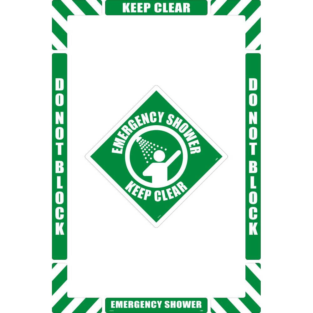 NMC - Adhesive Backed Floor Signs; Message Type: First Aid ; Graphic Type: Man Showering ; Message or Graphic: Message & Graphic ; Legend: Emergency Shower Keep Clear ; Color: Green; White ; Special Color Properties: No Special Properties - Exact Industrial Supply