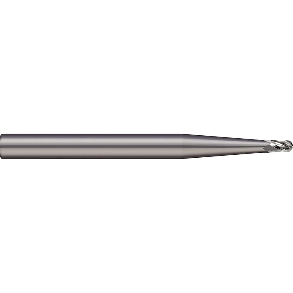 Micro 100 - Ball End Mills; Mill Diameter (mm): 1.10 ; Mill Diameter (Decimal Inch): 0.0433 ; Number of Flutes: 4 ; Length of Cut (mm): 3.3000 ; Length of Cut (Decimal Inch): 0.1299 ; Material: Solid Carbide - Exact Industrial Supply