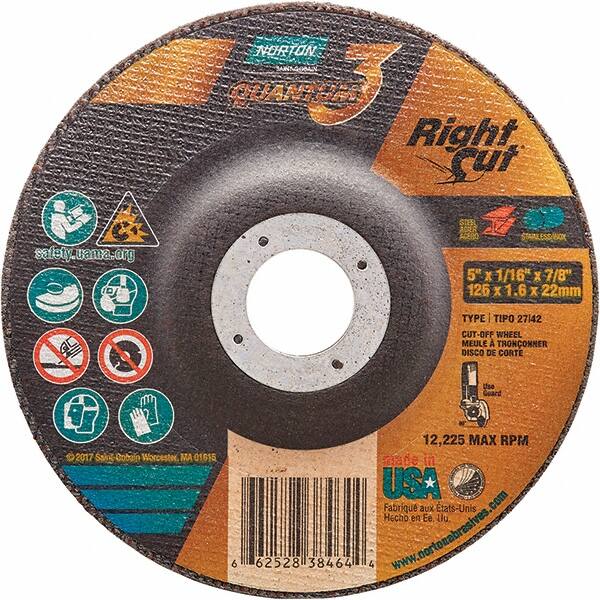 Norton - 36 Grit, 5" Wheel Diam, 1/16" Wheel Thickness, 7/8" Arbor Hole, Type 27 Depressed Center Wheel - Coarse Grade, Ceramic Alumina, Resinoid Bond, 12,225 Max RPM - Americas Industrial Supply
