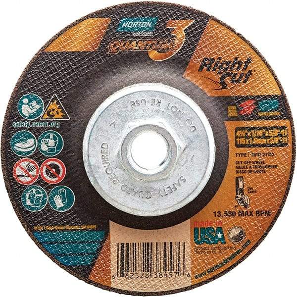 Norton - 36 Grit, 4-1/2" Wheel Diam, 1/16" Wheel Thickness, Type 27 Depressed Center Wheel - Coarse Grade, Ceramic Alumina, Resinoid Bond, 13,580 Max RPM - Americas Industrial Supply