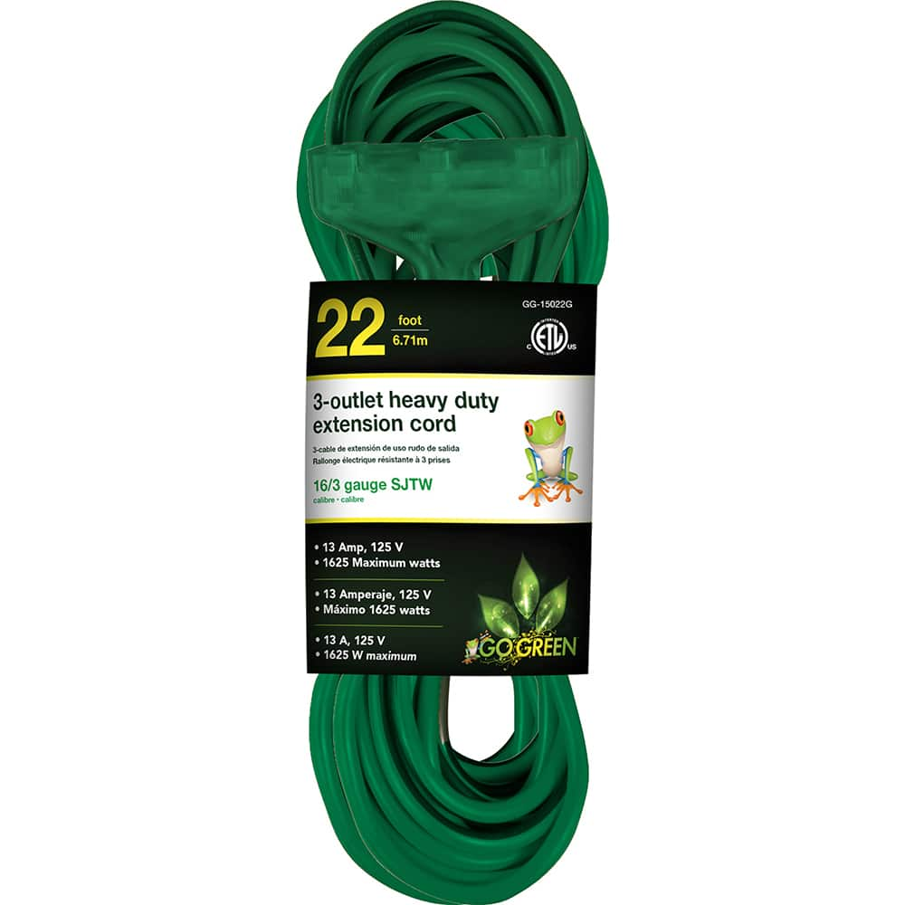 GoGreen Power - Power Cords; Cord Type: Extension Cord ; Overall Length (Feet): 22' 2" ; Cord Color: Green ; Amperage: 13 ; Voltage: 125 ; Wire Gauge/Number of Conductors: 16/3 - Exact Industrial Supply