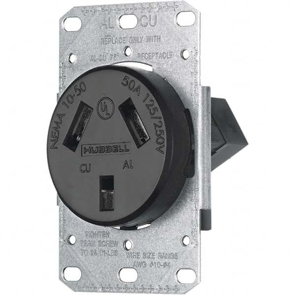 Hubbell Wiring Device-Kellems - 125/250 VAC 50A NEMA 10-50R Residential Grade Black Straight Blade Single Receptacle - Americas Industrial Supply