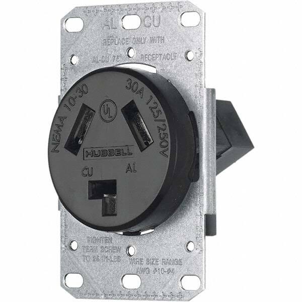 Hubbell Wiring Device-Kellems - 125/250 VAC 30A NEMA 10-30R Residential Grade Black Straight Blade Single Receptacle - Americas Industrial Supply