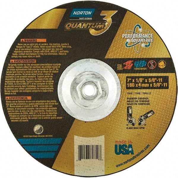 Norton - 24 Grit, 7" Wheel Diam, 1/8" Wheel Thickness, 5/8" Arbor Hole, Type 27 Depressed Center Wheel - Coarse Grade, Ceramic, Resinoid Bond, 8,600 Max RPM - Americas Industrial Supply