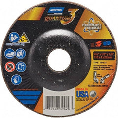Norton - 24 Grit, 4-1/2" Wheel Diam, 1/8" Wheel Thickness, 7/8" Arbor Hole, Type 27 Depressed Center Wheel - Coarse Grade, Ceramic, Resinoid Bond, 13,580 Max RPM - Americas Industrial Supply