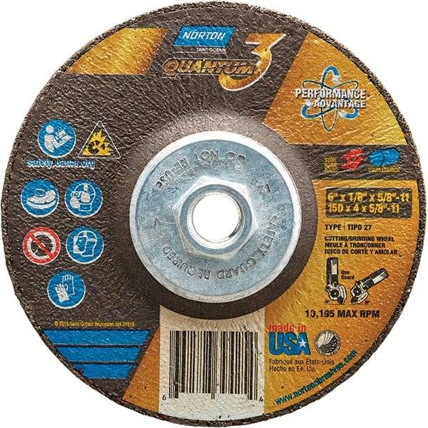 Norton - 24 Grit, 6" Wheel Diam, 1/8" Wheel Thickness, 5/8" Arbor Hole, Type 27 Depressed Center Wheel - Coarse Grade, Ceramic, Resinoid Bond, 10,185 Max RPM - Americas Industrial Supply