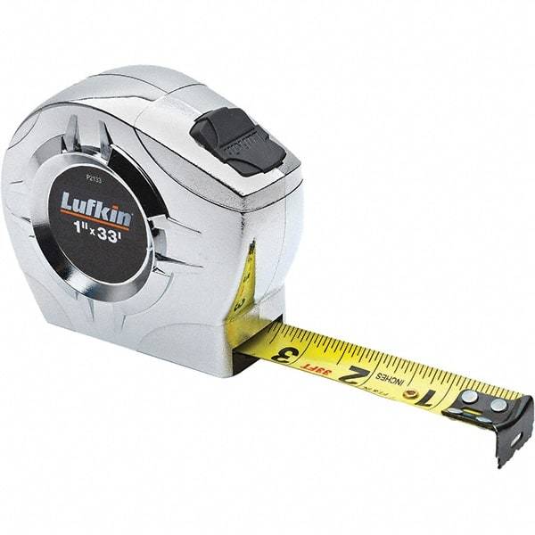 Lufkin - 33' x 1" Yellow Steel Blade Tape Measure - 1/16" & 1/10 & 1/100' Graduation, Inch Graduation Style, Chrome ABS Plastic Case - Americas Industrial Supply