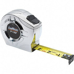 Lufkin - 33' x 1" Yellow Steel Blade Tape Measure - 1/16" & 1/10 & 1/100' Graduation, Inch Graduation Style, Chrome ABS Plastic Case - Americas Industrial Supply