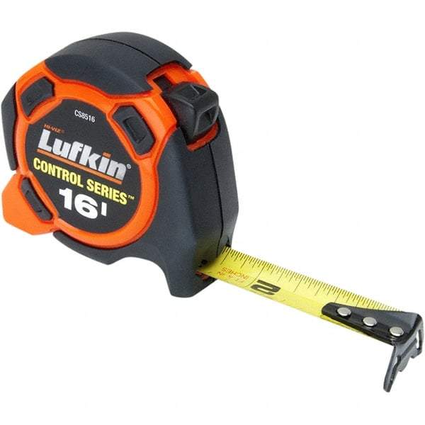 Lufkin - 16' x 3/4" Yellow Steel Blade Tape Measure - 1/8" Graduation, Inch Graduation Style, Orange/Black ABS Plastic Case - Americas Industrial Supply