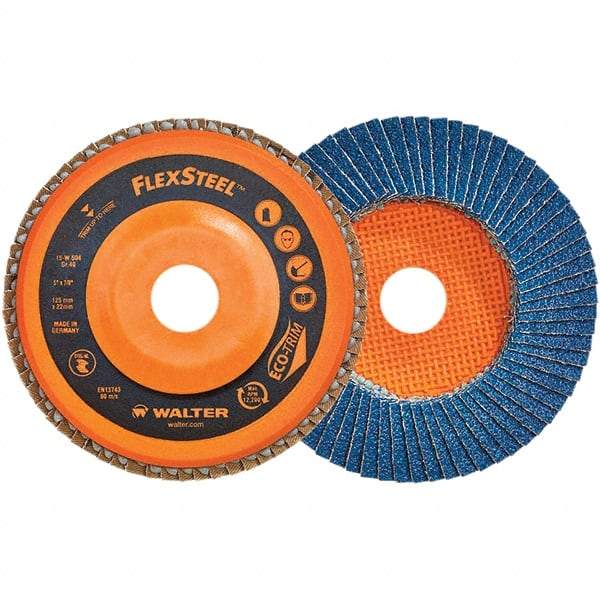 WALTER Surface Technologies - 80 Grit, 6" Disc Diam, 7/8" Center Hole, Type 27 Zirconia Alumina Flap Disc - 10,200 Max RPM, Poly Cotton Backing, Threaded Hole Attaching System, Coated - Americas Industrial Supply