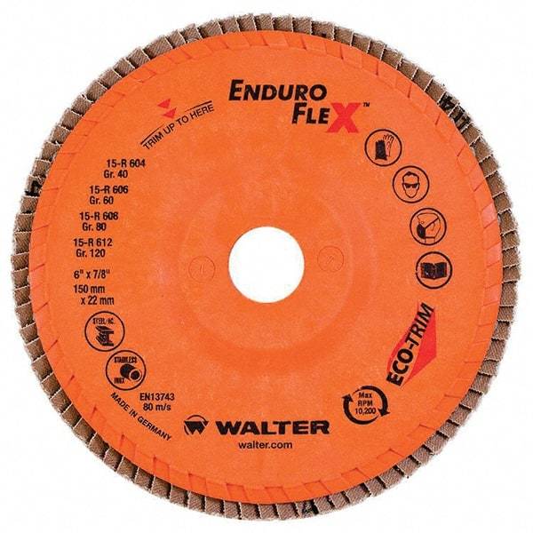 WALTER Surface Technologies - 60 Grit, 6" Disc Diam, 7/8" Center Hole, Type 27 Zirconia Alumina Flap Disc - 10,200 Max RPM, Poly Cotton Backing, Threaded Hole Attaching System, Coated - Americas Industrial Supply