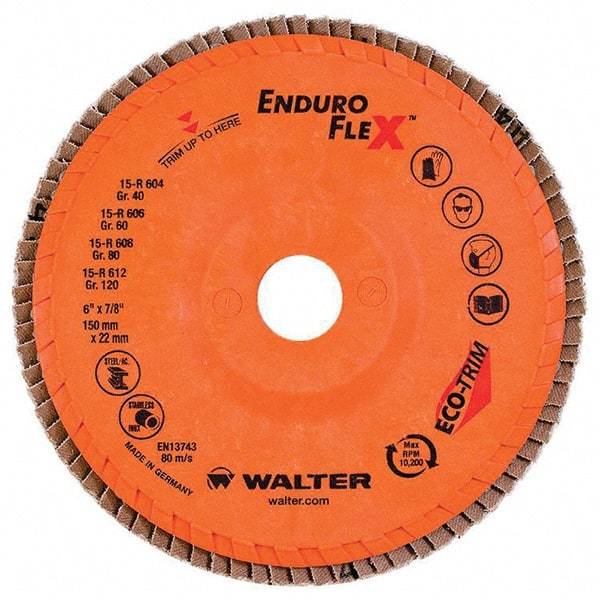 WALTER Surface Technologies - 80 Grit, 6" Disc Diam, 7/8" Center Hole, Type 27 Zirconia Alumina Flap Disc - 10,200 Max RPM, Poly Cotton Backing, Threaded Hole Attaching System, Coated - Americas Industrial Supply
