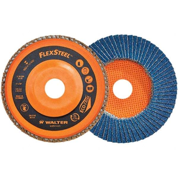 WALTER Surface Technologies - 60 Grit, 6" Disc Diam, 7/8" Center Hole, Type 27 Zirconia Alumina Flap Disc - 10,200 Max RPM, Poly Cotton Backing, Threaded Hole Attaching System, Coated - Americas Industrial Supply