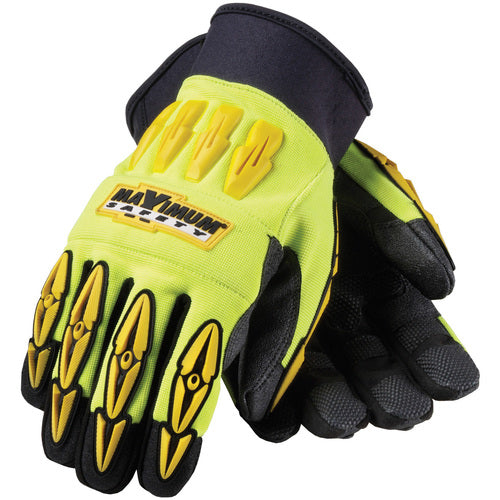 ‎120-4000/M All Purp Work Gloves - Mad Max - HV Yellow - Black Reinforced Synthetic Leather Palm - Exact Industrial Supply