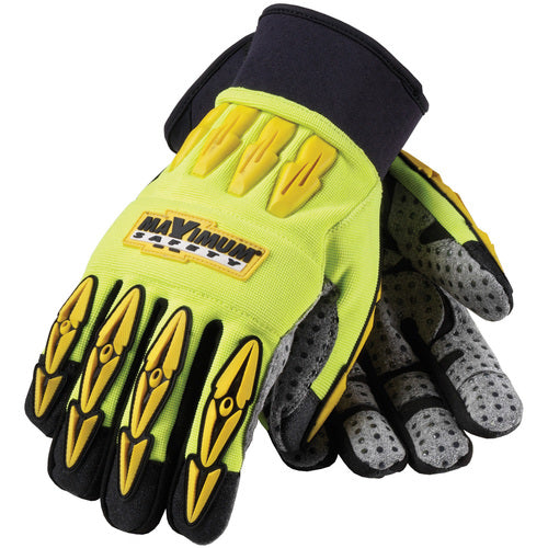 ‎120-4050/XL All Purp Work Gloves - Mad Max II - HV Yellow - Gry. Dotted Synthetic Leather Palm - Exact Industrial Supply