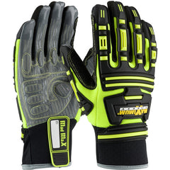 ‎120-5200/XL Oil /Gas Gloves - Roustabout - Hi-Vis Yellow Back - Dorsal Protection - Silicone Grip on Palm - Exact Industrial Supply