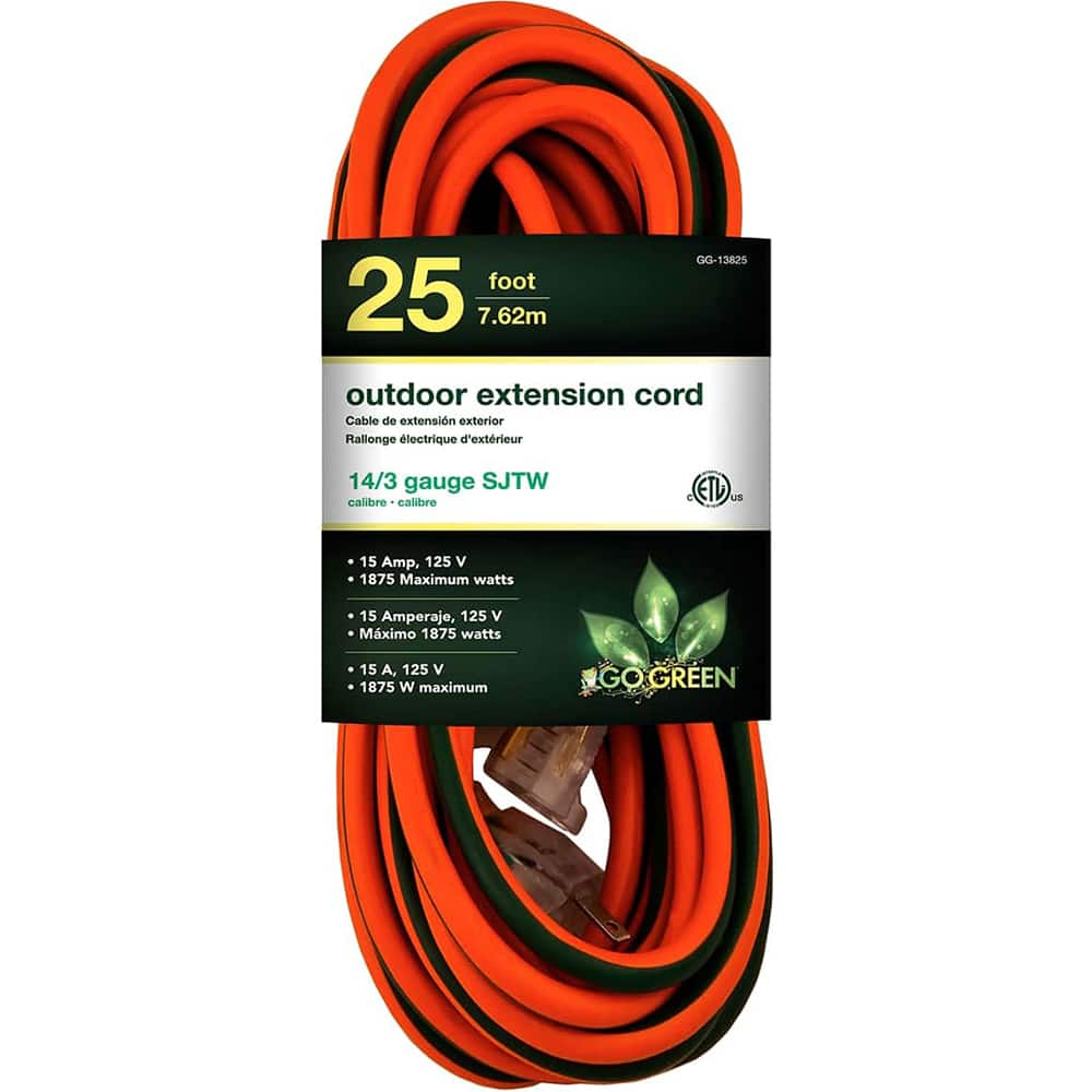 GoGreen Power - Power Cords; Cord Type: Extension Cord ; Overall Length (Feet): 25 ; Cord Color: Orange ; Amperage: 15 ; Voltage: 125 ; Wire Gauge/Number of Conductors: 14/3 - Exact Industrial Supply