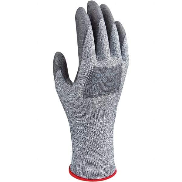 SHOWA - Size XL (9), ANSI Cut Lvl A3, Puncture Lvl 2, Abrasion Lvl 4, Polyurethane Coated HPPE/Glass Cut Resistant Gloves - 10.25" Long, Palm & Fingertips Coated, HPPE & Polyester Lining, Continuous Knit Cuff, Gray/Gray, Paired - Americas Industrial Supply