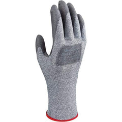 SHOWA - Size 2XL (10), ANSI Cut Lvl A3, Puncture Lvl 2, Abrasion Lvl 4, Polyurethane Coated HPPE/Glass Cut Resistant Gloves - 10.7" Long, Palm & Fingertips Coated, HPPE & Polyester Lining, Continuous Knit Cuff, Gray/Gray, Paired - Americas Industrial Supply