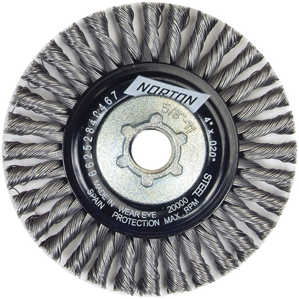 Norton - 4" OD, 5/8-11 Arbor Hole, Stringer Bead Twist Knot Carbon Wheel Brush - Americas Industrial Supply