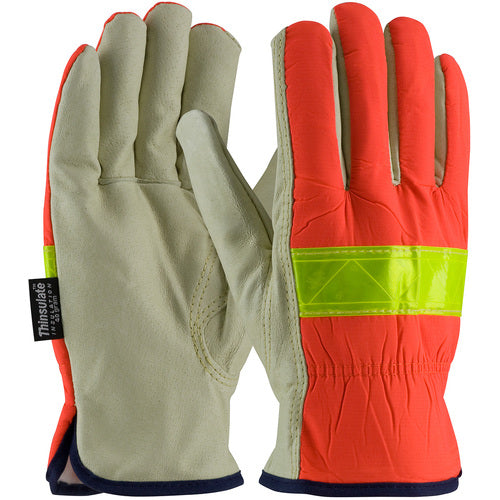 ‎125-468/S Leather Drivers Gloves - Hi-Vis Fabric - 3M Thinsulate Lining w/Pigskin Palm - Keystone Thumb - Exact Industrial Supply