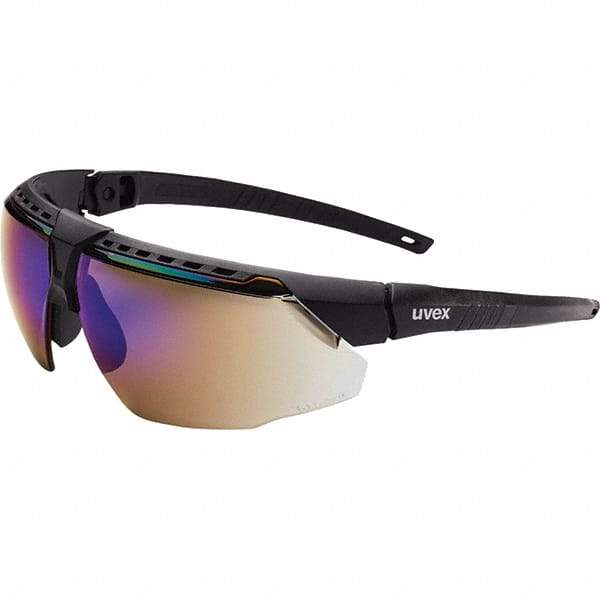 Uvex - Blue Mirror Lenses, Framed Safety Glasses - Scratch Resistant, Black Frame, Adjustable Temples, Size Universal, Wrap Around - Americas Industrial Supply