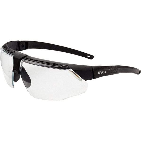 Uvex - Clear Lenses, Framed Safety Glasses - Scratch Resistant, Black Frame, Adjustable Temples, Size Universal, Wrap Around - Americas Industrial Supply
