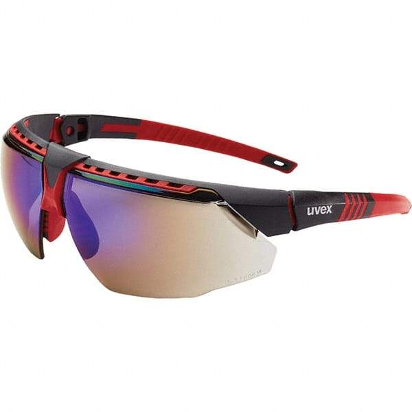 Uvex - Blue Mirror Lenses, Framed Safety Glasses - Scratch Resistant, Red Frame, Adjustable Temples, Size Universal, Wrap Around - Americas Industrial Supply