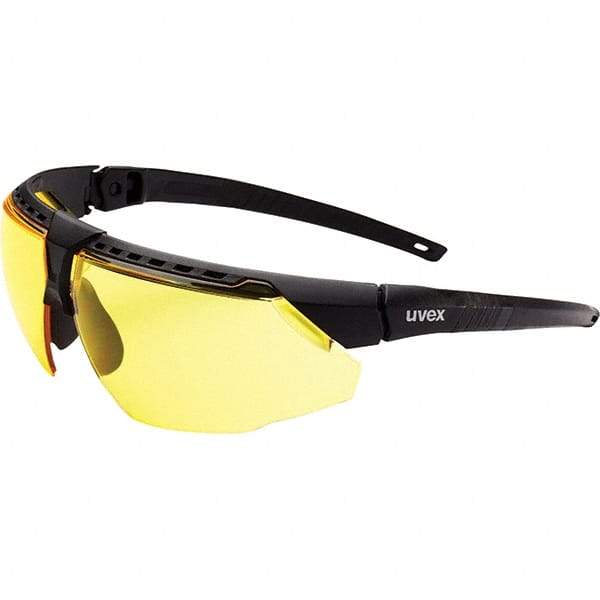 Uvex - Amber Lenses, Framed Safety Glasses - Anti-Fog, Black Frame, Adjustable Temples, Size Universal, Wrap Around - Americas Industrial Supply