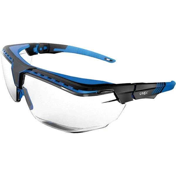 Uvex - Clear Lenses, Framed Safety Glasses - Anti-Reflective, Scratch Resistant, Blue/Black Frame, Adjustable Temples, Size Universal, Over the Glasses - Americas Industrial Supply