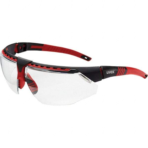 Uvex - Clear Lenses, Framed Safety Glasses - Anti-Fog, Red Frame, Adjustable Temples, Size Universal, Wrap Around - Americas Industrial Supply