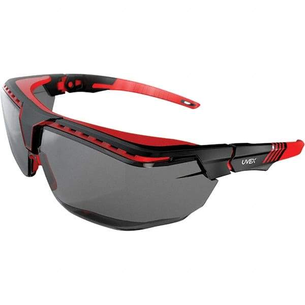 Uvex - Gray Lenses, Framed Safety Glasses - Scratch Resistant, Black/Red Frame, Adjustable Temples, Size Universal, Over the Glasses - Americas Industrial Supply
