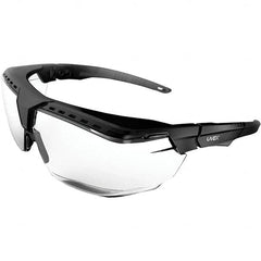 Uvex - Clear Lenses, Framed Safety Glasses - Scratch Resistant, Black Frame, Adjustable Temples, Size Universal, Over the Glasses - Americas Industrial Supply