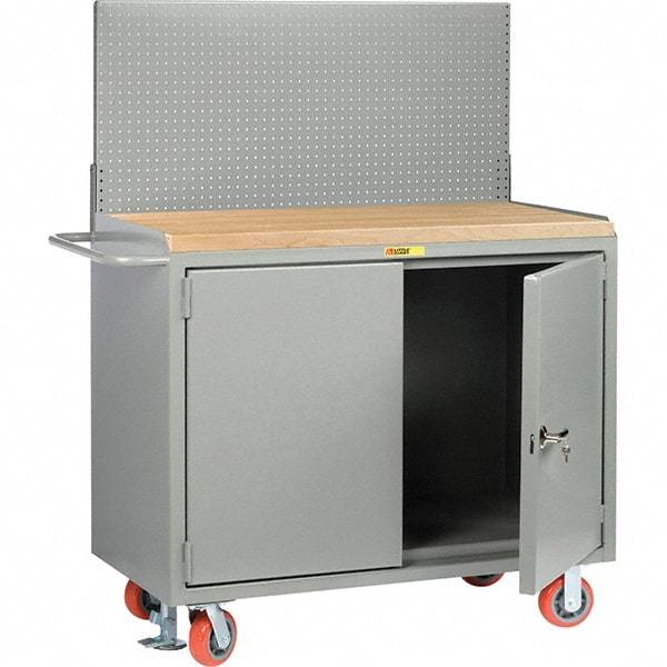 Little Giant - 3,600 Lb Capacity, 2 Shelf, 2 Door Mobile Bench Cabinet with Pegboard Panel - 53" Wide x 24" Deep x 43" High, Steel - Americas Industrial Supply