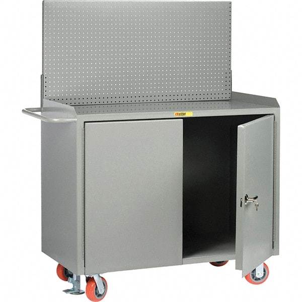 Little Giant - 3,600 Lb Capacity, 2 Shelf, 2 Door Mobile Bench Cabinet with Pegboard Panel - 41" Wide x 24" Deep x 43" High, Steel - Americas Industrial Supply