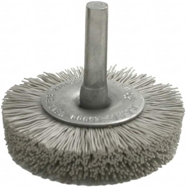 Brush Research Mfg. - 80 Grit, 1-3/4" Brush Diam, Crimped, Flared End Brush - Coarse Grade, 1/4" Diam Steel Shank, 2,500 Max RPM - Americas Industrial Supply