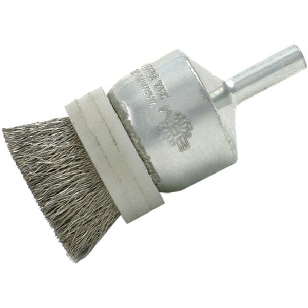 Brush Research Mfg. - 1/2" Brush Diam, Crimped, End Brush - 1/4" Diam Steel Shank, 20,000 Max RPM - Americas Industrial Supply