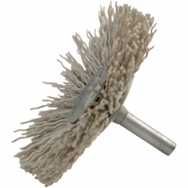 Brush Research Mfg. - 120 Grit, 1-1/2" Brush Diam, Crimped, Flared End Brush - Medium Grade, 1/4" Diam Steel Shank, 2,500 Max RPM - Americas Industrial Supply