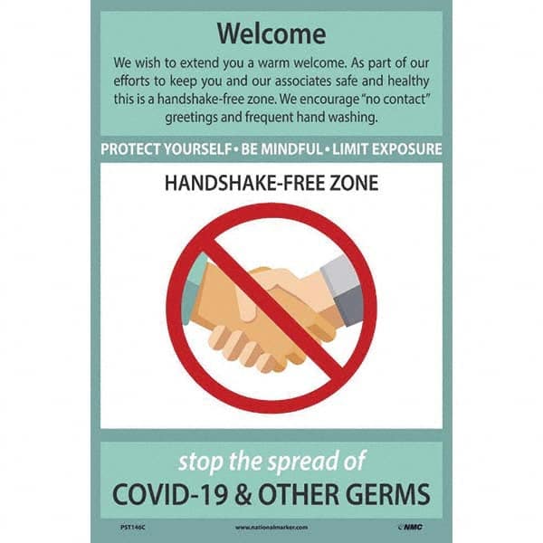 NMC - "COVID 19 - Welcome - Handshake Free Zone", 12" Wide x 18" High, Vinyl Safety Sign - Americas Industrial Supply